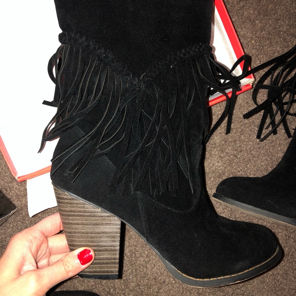 Black Fringe Heel Boots